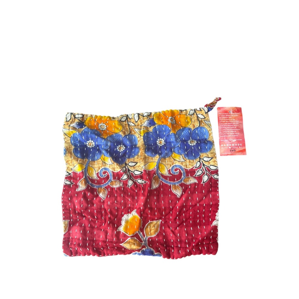 Handmade Cotton Dish Rag Cloth Repurposed Saree Floral Kantha Stitch 11x10